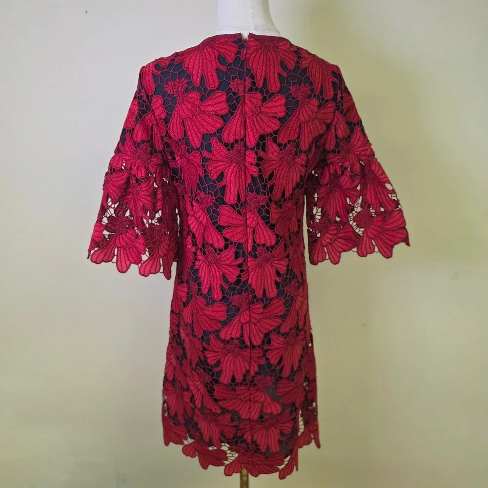 Tory Burch Floral Guipure Lace Shift‎ Dress Red Bell Sleeve Womens 4 Excellent